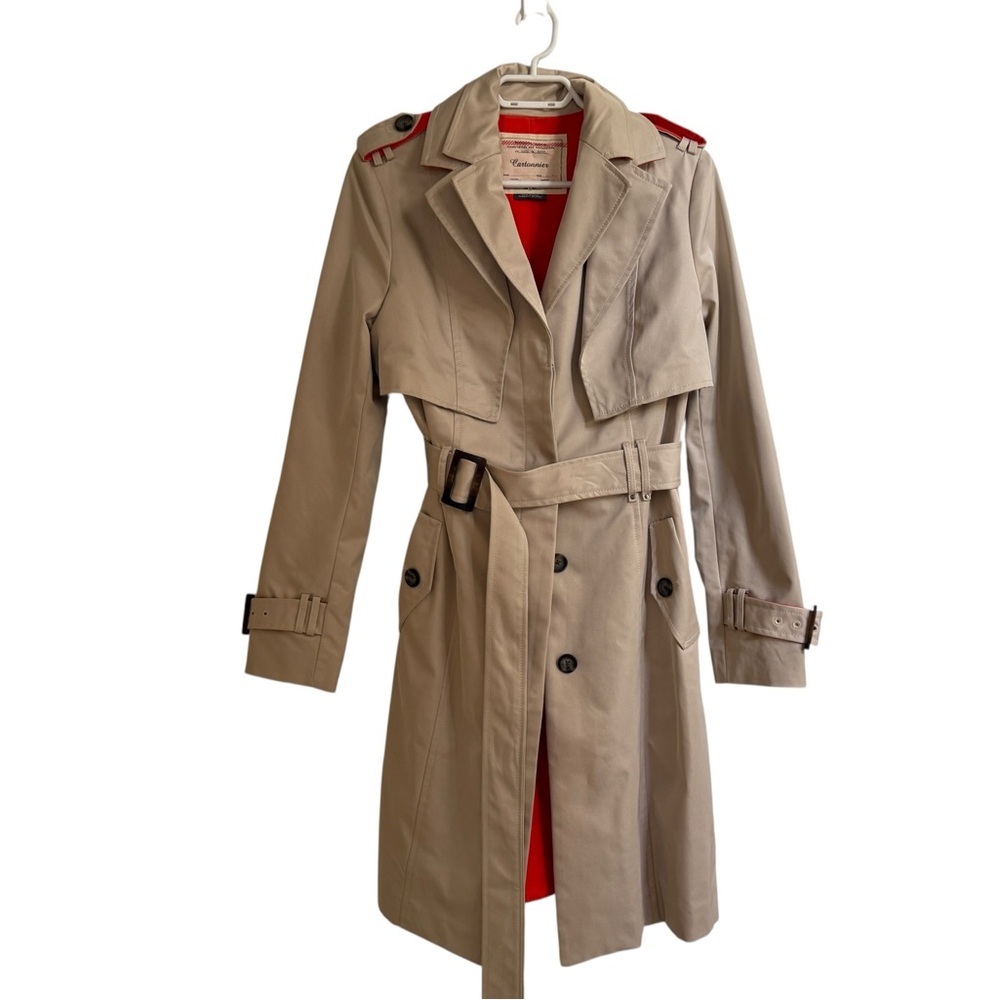 Cartonnier Tan Trench Coat with Red Lining